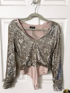 Express Rose Gold Sequin V-Neck Bodysuit Top
